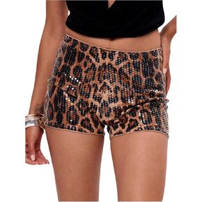 Women's Leopard Sequin Mini Shorts Drop Waist Skinny Y2K Shorts Club Rave Bottoms
