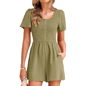 Simplee Womens Summer Short Sleeve Romper Casual Loose Decorative Button Smocked Dressy Shorts Jumper Jumpsuit 2025