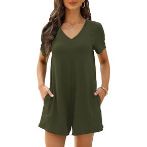 Women's Summer Short Sleeve V Neck Short Jumpsuit Loose Casual Romper with Pockets