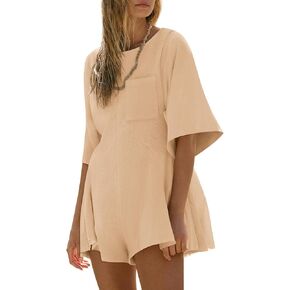 Yousify Rompers for Women 2025 Spring Outfits Summer Casual Short Sleeve Crew Neck Loose Jumpsuits with Pocket