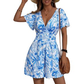 ZABERRY Women's Back Lace Up Floral Rompers with Pockets Short Ruffle Sleeve Summer Jumpsuits Wide leg Outfit