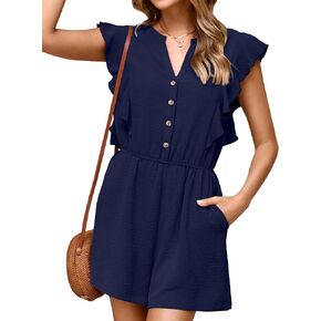 Simplee Apparel Womens Summer Romper - Flutter Sleeve Cruise Outfits Button Casual Wide Leg Jumpsuit Dressy with Pockets