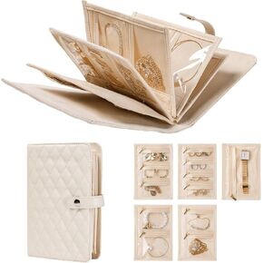 Travel Jewelry Organizer Box, Portable Jewelry Storage Book Bag with Zipper Binder and Velvet Clear Pouches, Valentine Gifts for Women, Jewelry Case for Earrings, Necklace, Ring, Cream White