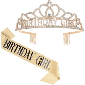 عيد ميلاد الذهب الوردي Tiara Crown & Sash ، عقال الأميرة Rhinestone ، إكسسوارات عيد ميلاد سعيد - هدية النساء والفتيات