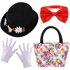4 Pcs Magical Nanny Costume Set Include Hat Bow Tie Handbag and Gloves for World Book Day Magical Nanny Accessory Dress up Multicolor