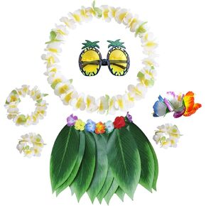 Phogary 7 Pack Hawaiian Flower Leaf Hula Skirt Costume Assory Kit for Hawaii Luau Party