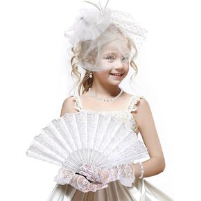 Girls Tea Party Hat Set - 2025 Kentucky Attire Set for 1920s 50s Costume Party, Black Fascinator Church Top Pillbox Derby Hats with Pearl Necklace Earring Hand Fan and Lace Gloves Kit