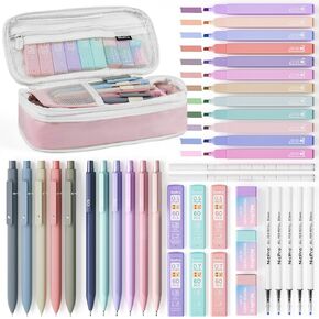 Nicpro 39 PCS Aesthetic School Supplies with Big Capacity Pen Case, 12 Color Pastel Highlighters, 5 Quick Dry Retractable Black Ink Pens, 6 Pastel Mechanical Pencil 0.5 & 0.7 mm for Student Stationary