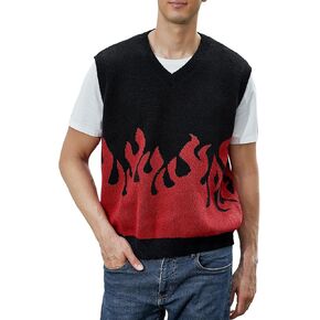 ZAFUL Men's Oversized Flame Sweater Vest Unisex Color Block V Neck Sleeveless Streetwear Casual Sweater Pullover Top