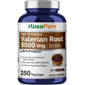 NusaPure Valerian Root 20:1 Extract, 250 mg Equivalent to 5000mg Per Veggie Caps, 250 Count, Vegan, Non-GMO, Bioperine