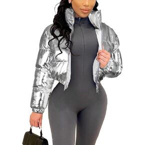 Flygo Women's Metallic Shiny Cropped Quilted Puffer Jacket - Zip Up Padded Down Coat Outerwear