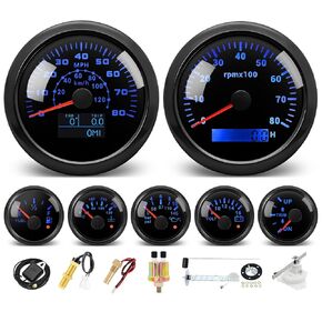7 مجموعة مقياس القوارب-3-3/8 "عداد السرعة GPS ، مقياس سرعة الدوران ، مقياس ضغط الزيت 2-1/16" ، مستوى الوقود ، درجة حرارة الماء ، مقياس الفولتمي ، طقم مترات بحري مقاوم للماء 7 لون للسيارات (أسود)