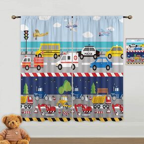 Kids Truck Curtains for Boys Bedroom, Construction Car Tractor Curtains 42Wx63H Inch Rod Pocket Cartoon Colorful Bulldozer Tractor Airplane 2 Panels Window Treatment Set for Living Room Decor