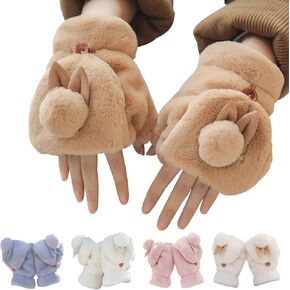 Bunny Convertible Fingerless Mittens - Cute Bunny Warm Winter Gloves, Thick Plush Flip Top Gloves