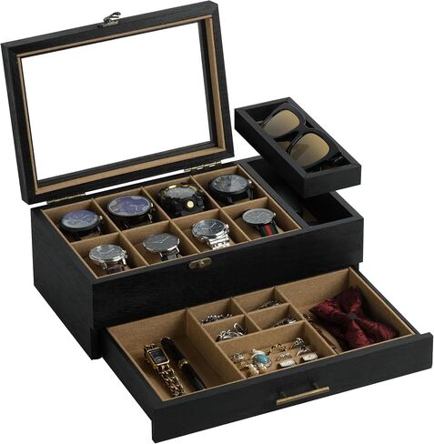 Watch Box with 10 Slots, 2-Tier Watch Case for Large Dial Watches, Watch Display Case with Lid, Removable Watch Pillows, Gifts for Men Women, Watch Organizer with Drawer, Jewelry Box, Walnut in Saudi Arabia