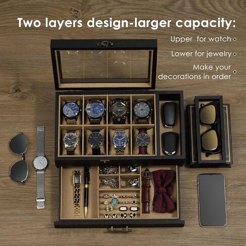 Watch Box with 10 Slots, 2-Tier Watch Case for Large Dial Watches, Watch Display Case with Lid, Removable Watch Pillows, Gifts for Men Women, Watch Organizer with Drawer, Jewelry Box, Walnut in Saudi Arabia