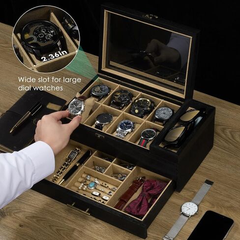 Watch Box with 10 Slots, 2-Tier Watch Case for Large Dial Watches, Watch Display Case with Lid, Removable Watch Pillows, Gifts for Men Women, Watch Organizer with Drawer, Jewelry Box, Walnut in Saudi Arabia