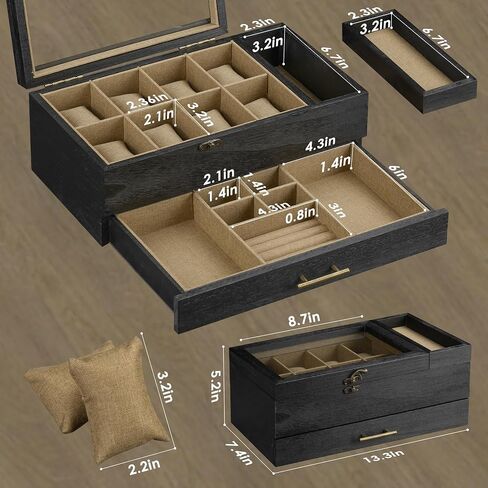 Watch Box with 10 Slots, 2-Tier Watch Case for Large Dial Watches, Watch Display Case with Lid, Removable Watch Pillows, Gifts for Men Women, Watch Organizer with Drawer, Jewelry Box, Walnut in Saudi Arabia