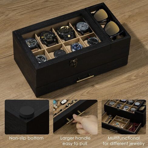 Watch Box with 10 Slots, 2-Tier Watch Case for Large Dial Watches, Watch Display Case with Lid, Removable Watch Pillows, Gifts for Men Women, Watch Organizer with Drawer, Jewelry Box, Walnut in Saudi Arabia