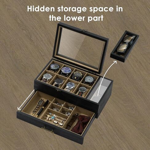 Watch Box with 10 Slots, 2-Tier Watch Case for Large Dial Watches, Watch Display Case with Lid, Removable Watch Pillows, Gifts for Men Women, Watch Organizer with Drawer, Jewelry Box, Walnut in Saudi Arabia