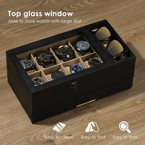 Watch Box with 10 Slots, 2-Tier Watch Case for Large Dial Watches, Watch Display Case with Lid, Removable Watch Pillows, Gifts for Men Women, Watch Organizer with Drawer, Jewelry Box, Walnut in Saudi Arabia