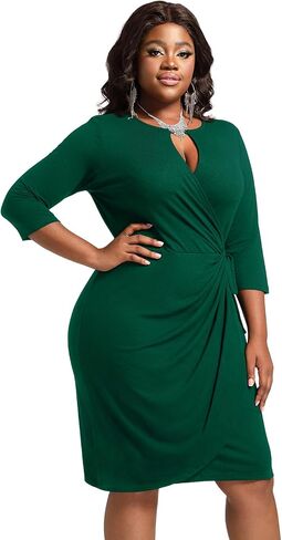 Plus Size Faux Wrap Bodycon Dress for Curvy Women Keyhole 3/4 Sleeve Sexy Cocktail Midi Wedding Guest Dresses in Kuwait