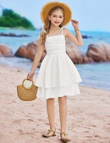 Arshiner Girls Summer Spaghetti Strap Dresses Flowy Tiered Ruched Smocked Back Casual Beach Midi Sundress in Kuwait