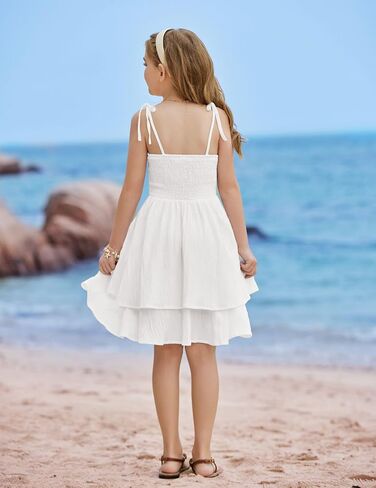 Arshiner Girls Summer Spaghetti Strap Dresses Flowy Tiered Ruched Smocked Back Casual Beach Midi Sundress in Kuwait