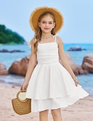 Arshiner Girls Summer Spaghetti Strap Dresses Flowy Tiered Ruched Smocked Back Casual Beach Midi Sundress in Kuwait