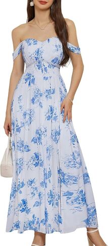 GRACE KARIN 2025 Women's Summer Floral Print Flowy A Line Maxi Dresses Sleeveless Smocked Off Shoulder Dress in Saudi Arabia