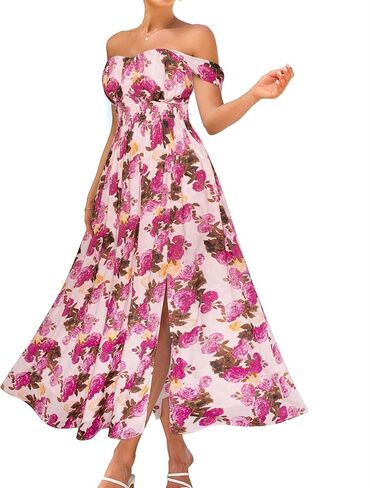 GRACE KARIN 2025 Women's Summer Floral Print Flowy A Line Maxi Dresses Sleeveless Smocked Off Shoulder Dress in Kuwait