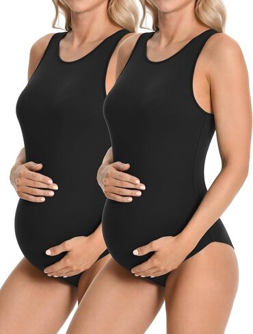 V VOCNI Women's Maternity Bodysuit Sleeveless Racer Back Halter Neck Tank Tops Pregnancy Onesie Jumpsuits Shapewear in Saudi Arabia