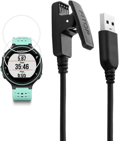 JIUJOJA لشاحن Garmin Forerunner 645، وكابل شحن Forerunner 645، وكابل بيانات متزامن بمشبك شحن وقطعتين من واقي الشاشة الزجاجي المقوى عالي الدقة مجانًا لساعة Garmin Forerunner 645 in Kuwait
