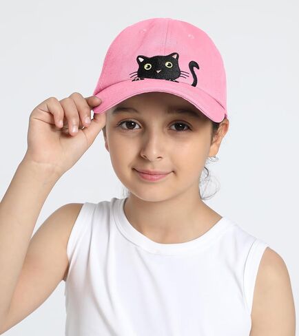 Girls Criss Cross Ponytail Hat Cute Embroidered Black Cat Hats for Girl Adjustable Cotton Baseball Cap for Kids Age 3-14 in Kuwait