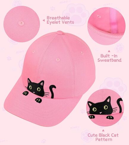 Girls Criss Cross Ponytail Hat Cute Embroidered Black Cat Hats for Girl Adjustable Cotton Baseball Cap for Kids Age 3-14 in Kuwait