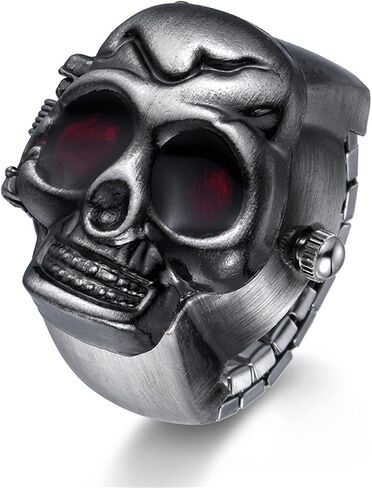 JewelryWe Men Women Finger Watch Punk Skull Flip-Open Cover Quartz Analog Adjustable Ring Watches in Kuwait