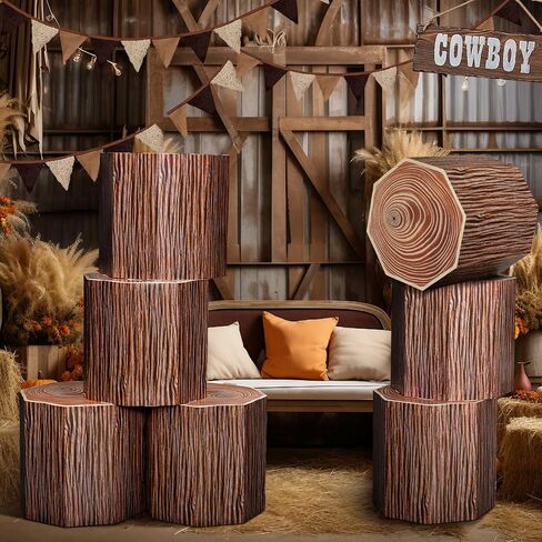 6 Pcs Tree Stump Decor Western Cowboy Party Decorations Wood Grain Paper Boxes Fake Tree Stump Box Centerpieces Western Cowboy Photo Booth Props for Farmhouse Party Supplies in Kuwait