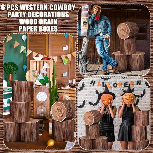 6 Pcs Tree Stump Decor Western Cowboy Party Decorations Wood Grain Paper Boxes Fake Tree Stump Box Centerpieces Western Cowboy Photo Booth Props for Farmhouse Party Supplies in Kuwait
