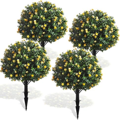 Yunlly 4 Pcs Artificial Boxwood Topiary Ball Tree 27 Inch Outdoor Boxwood Balls with Flower Faux Bush, UV Resistance Fake Shrub Plant with Spike for Garden Porch Patio Decor (Yellow) in Saudi Arabia
