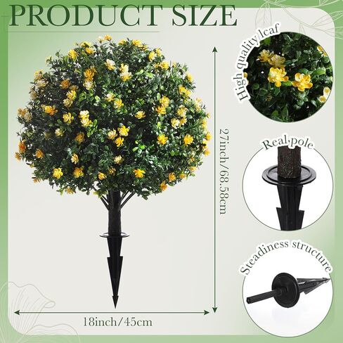 Yunlly 4 Pcs Artificial Boxwood Topiary Ball Tree 27 Inch Outdoor Boxwood Balls with Flower Faux Bush, UV Resistance Fake Shrub Plant with Spike for Garden Porch Patio Decor (Yellow) in Saudi Arabia