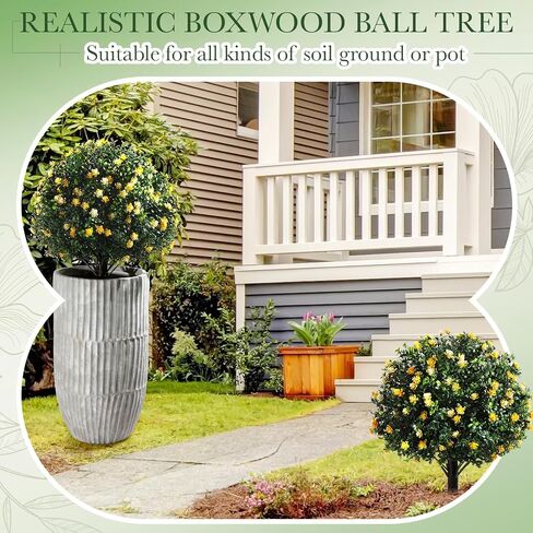 Yunlly 4 Pcs Artificial Boxwood Topiary Ball Tree 27 Inch Outdoor Boxwood Balls with Flower Faux Bush, UV Resistance Fake Shrub Plant with Spike for Garden Porch Patio Decor (Yellow) in Saudi Arabia