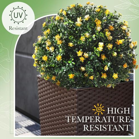 Yunlly 4 Pcs Artificial Boxwood Topiary Ball Tree 27 Inch Outdoor Boxwood Balls with Flower Faux Bush, UV Resistance Fake Shrub Plant with Spike for Garden Porch Patio Decor (Yellow) in Saudi Arabia