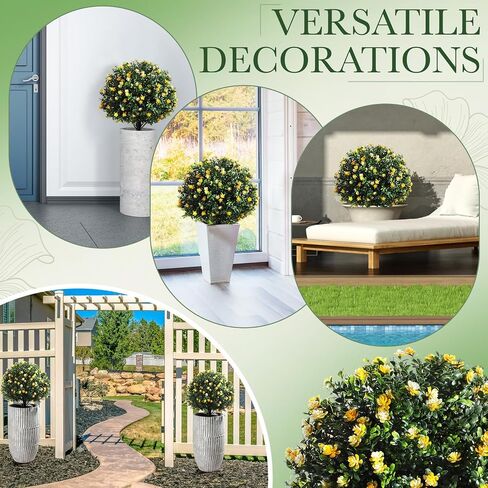 Yunlly 4 Pcs Artificial Boxwood Topiary Ball Tree 27 Inch Outdoor Boxwood Balls with Flower Faux Bush, UV Resistance Fake Shrub Plant with Spike for Garden Porch Patio Decor (Yellow) in Saudi Arabia