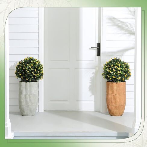 Yunlly 4 Pcs Artificial Boxwood Topiary Ball Tree 27 Inch Outdoor Boxwood Balls with Flower Faux Bush, UV Resistance Fake Shrub Plant with Spike for Garden Porch Patio Decor (Yellow) in Saudi Arabia