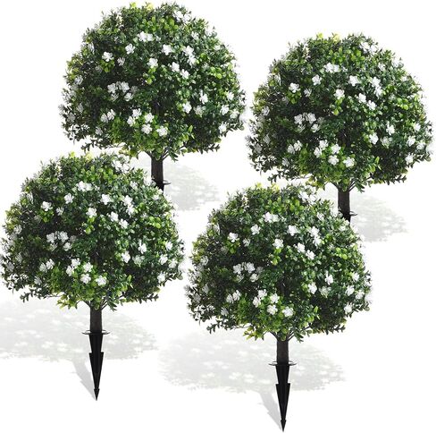 Yunlly 4 Pcs Artificial Boxwood Topiary Ball Tree 27 Inch Outdoor Boxwood Balls with Flower Faux Bush, UV Resistance Fake Shrub Plant with Spike for Garden Porch Patio Decor (Yellow) in Saudi Arabia