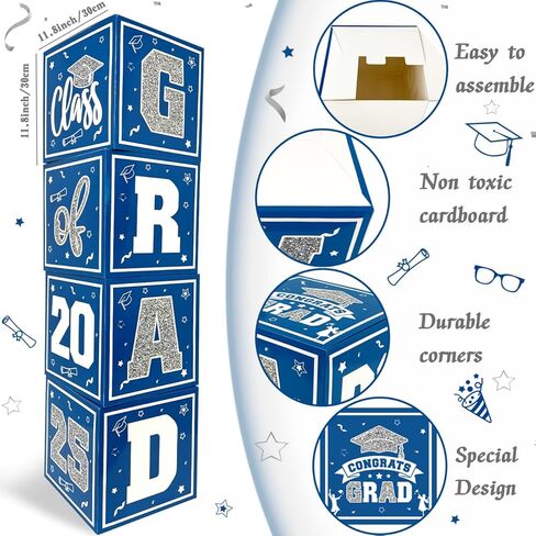 2025 Graduation Decorations Blue and Gold Balloon Boxes Class of 2025 Decor with "GRAD" and"CLASS OF 2025" Letters Grad Boxs for High School and College Graduation Announcements in Kuwait