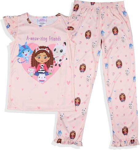 INTIMO Gabby's Dollhouse Girls' A-Meow-Zing Friends 2-Piece Ruffle Short Sleeve Pant Pajama Sleep Set in Saudi Arabia
