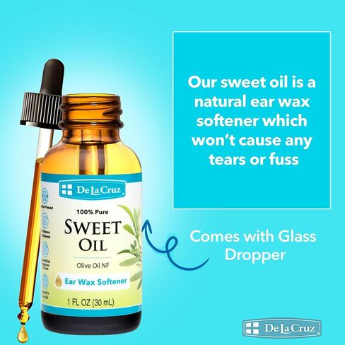 De La Cruz 100% Pure Sweet Oil for Ears with Glass Dropper - All Natural and Gentle Ear Wax Removal - 1 Fl OZ in Kuwait