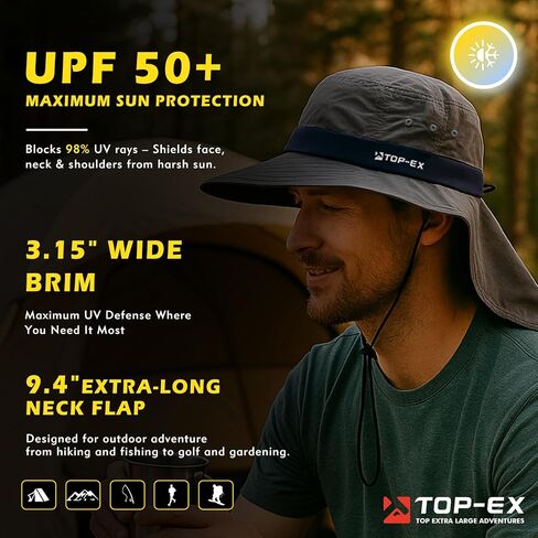 TOP-EX Cooling Sun Hat with Neck Flap – UPF 50+ Wide Brim Breathable Hat for Hiking, Fishing & Big Heads in Saudi Arabia