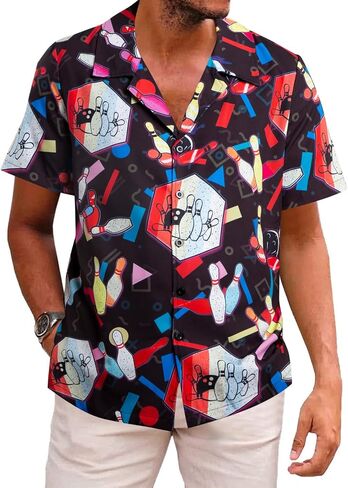 Hawaiian Bowling Shirts Men Retro Funny Sport Bowler Shirt Beach Summer Tee Tropical Vacation Button Down Short Sleeve Tops in Kuwait